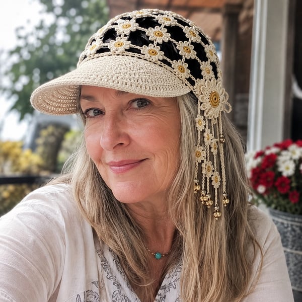 ๐ป Handmade Sunflower Crochet Hat | Breathable Open-Knit Boho Design with Dimensional Flowers, Floral Tassels & Adjustable Back Tie ๐