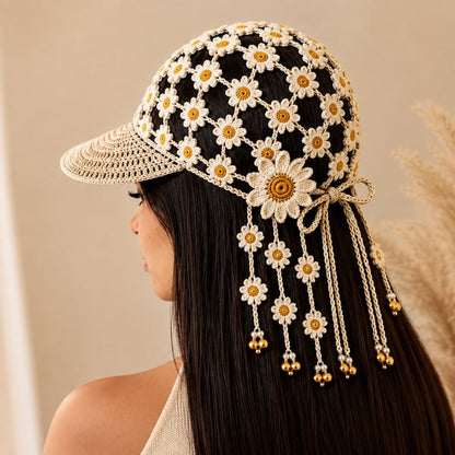 🌻 Handmade Sunflower Crochet Hat | Breathable Open-Knit Boho Design with Dimensional Flowers, Floral Tassels & Adjustable Back Tie 👒