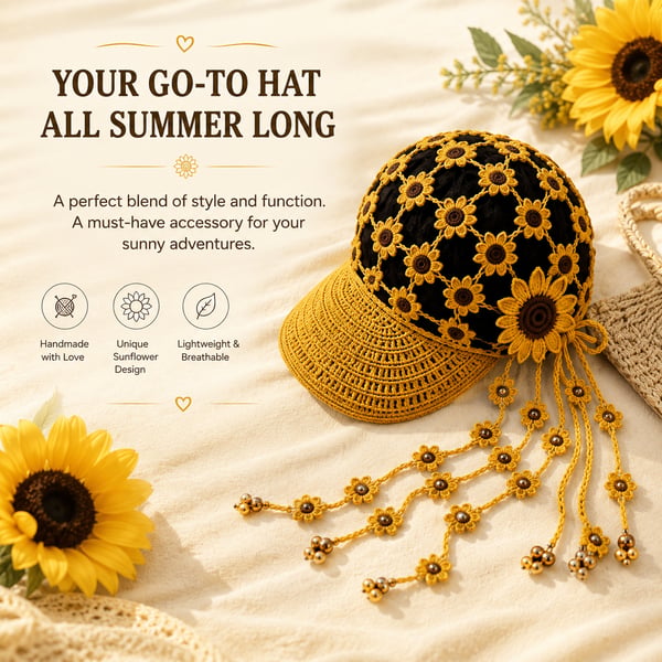 🌻 Handmade Sunflower Crochet Hat | Breathable Open-Knit Boho Design with Dimensional Flowers, Floral Tassels & Adjustable Back Tie 👒