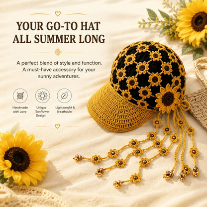 🌻 Handmade Sunflower Crochet Hat | Breathable Open-Knit Boho Design with Dimensional Flowers, Floral Tassels & Adjustable Back Tie 👒