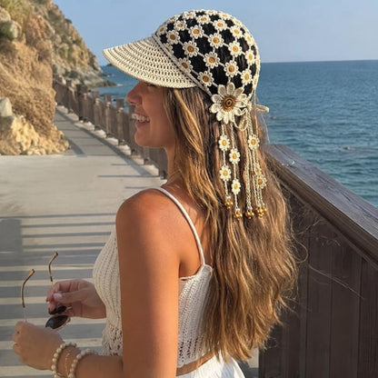 🌻 Handmade Sunflower Crochet Hat | Breathable Open-Knit Boho Design with Dimensional Flowers, Floral Tassels & Adjustable Back Tie 👒