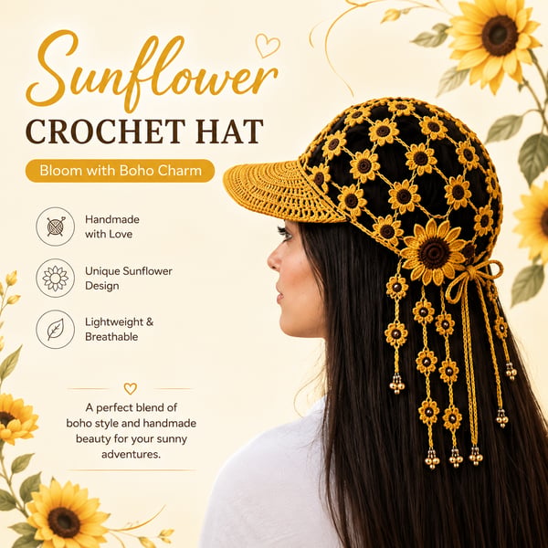 🌻 Handmade Sunflower Crochet Hat | Breathable Open-Knit Boho Design with Dimensional Flowers, Floral Tassels & Adjustable Back Tie 👒