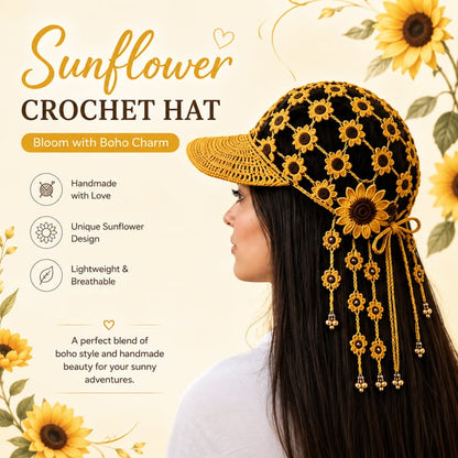 🌻 Handmade Sunflower Crochet Hat | Breathable Open-Knit Boho Design with Dimensional Flowers, Floral Tassels & Adjustable Back Tie 👒